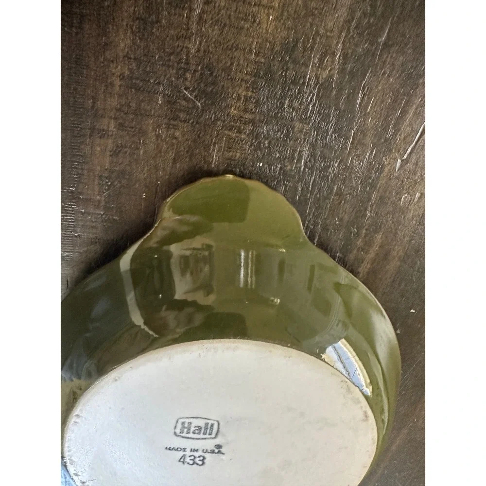Hall‎ China Olive Green Au Gratin Dishes Set of 2 Vintage Ceramic Bakers 433 434